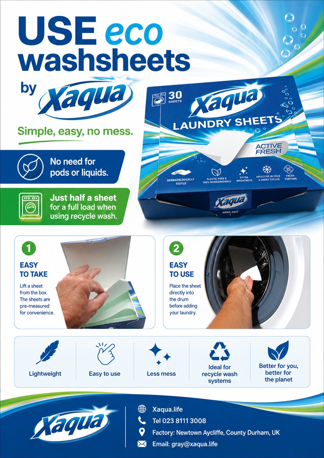 Xaqua laundry sheets advertisement highlighting eco-friendly, simple use with a blue box and bold green text ‘Simple, easy, no mess.’