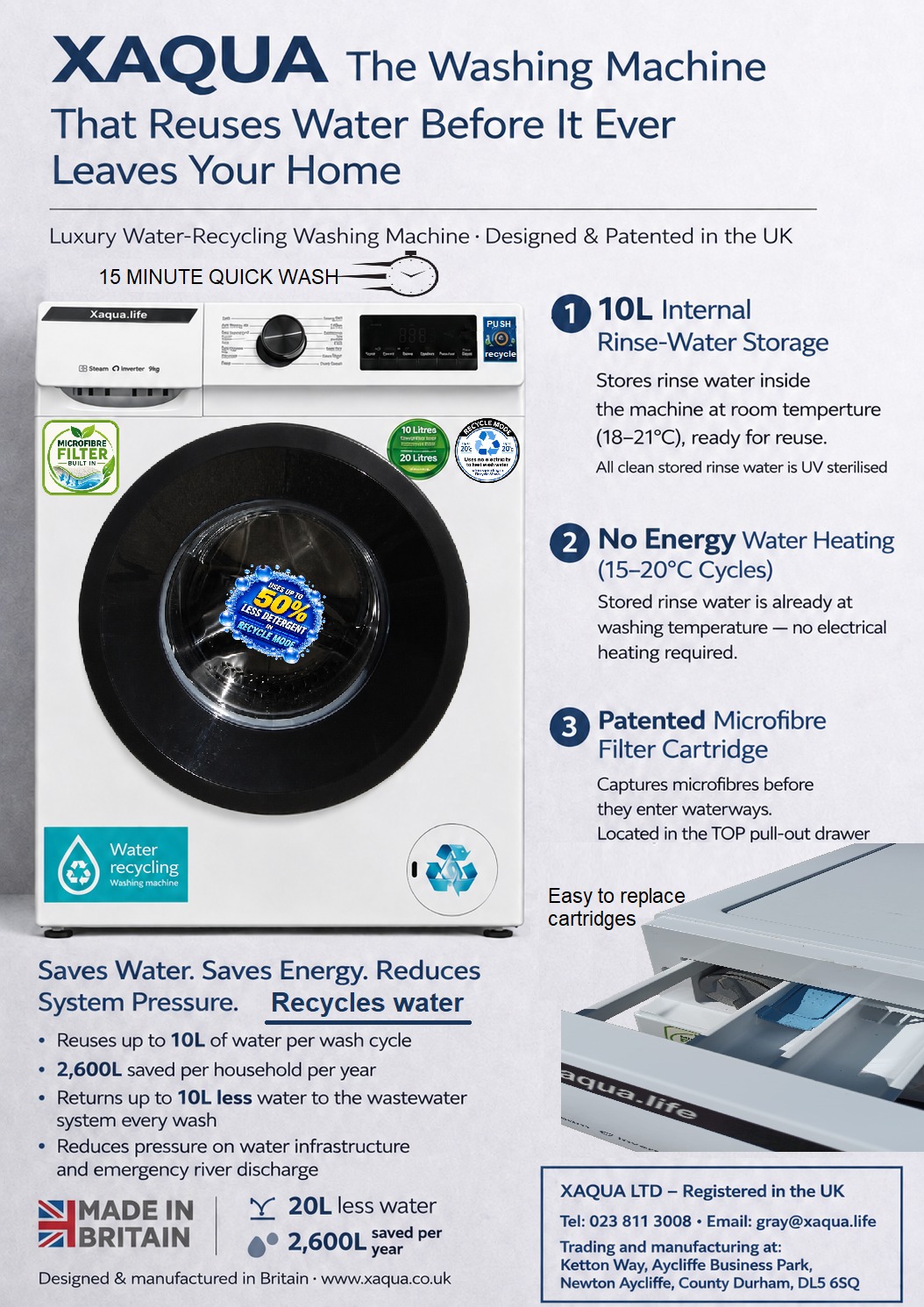Poster for XAQUA washing machine: front-loading washer with water-recycling features and slogan 'The Washing Machine That Reuses Water Before It Ever Leaves Your Home'.
